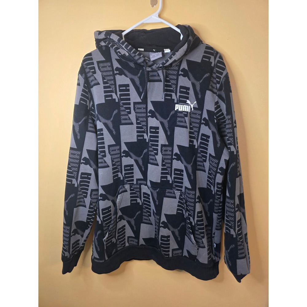 Puma Mens Hoodie All Over Print Logo Fleece Pullover Gray Black Large